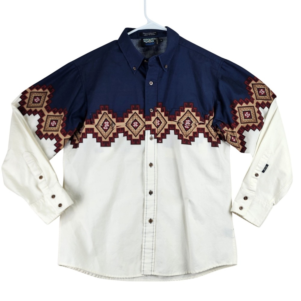 Brooks‎ & Dunn Panhandle Slim Shirt Mens L Blue White Southwestern Western Rodeo